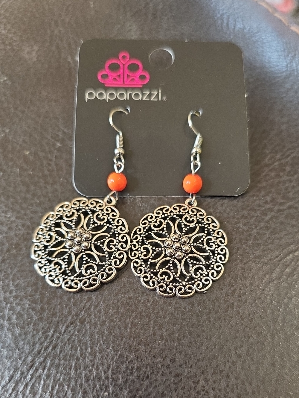 paparazzi Silver Filigree Drop Earrings with Orange Bead